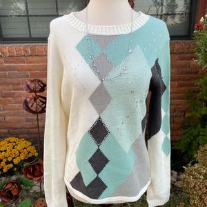 C.L.C •  Beaded • White/Turquoise • Medium • Geometric Designs • Sweater